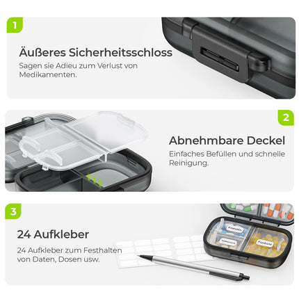 AUVON 7-Day Pill Box, 1 Pack Portable Pill Box with Ergonomic Locking System, Compact Travel Medicine Box 7 Days with 7 Deep Compartments for Fish Oils, Vitamins (Black)