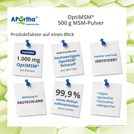 APOrtha® OptiMSM® MSM Powder, 500g vegan powder, 99.9% pure methylsulfonylmethane without any additives, 1,000 mg OptiMSM® MSM per serving, vegan, gluten-free, lactose-free, allergen-free
