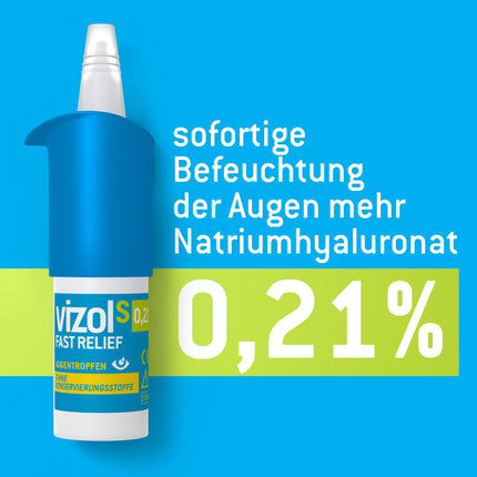 Vizol S 0.21% Fast Relief Eye Drops 10 ml provide immediate and effective relief from mild to moderate symptoms of dry and irritated eyes, preservative-free