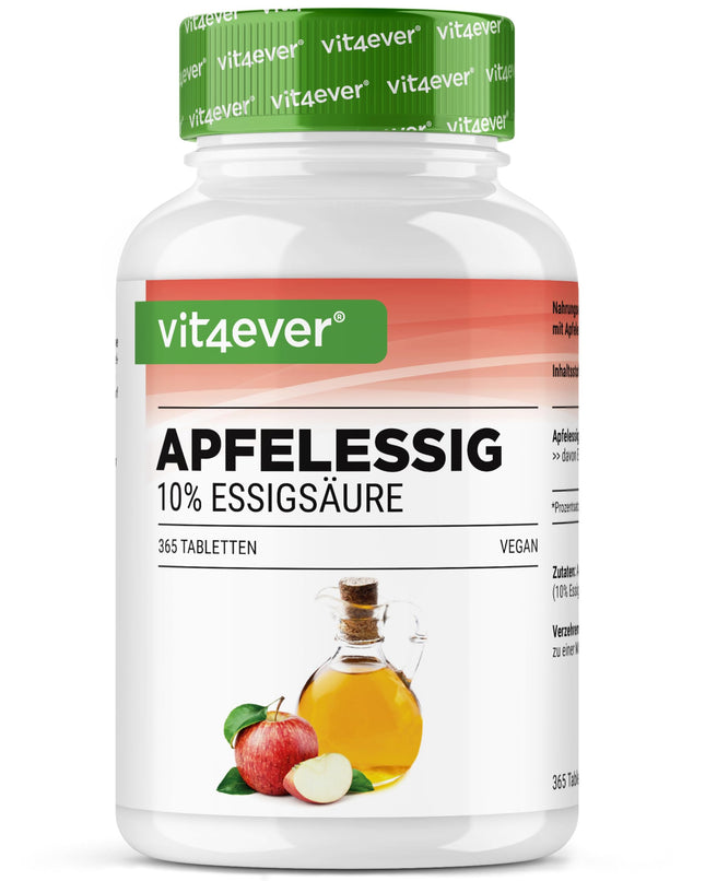 Apple Cider Vinegar - 365 Tablets - High Dose with 1000 mg per Daily Serving - With 10% Apple Acetic Acid - 6 Month Supply - No Unwanted Additives - Vegan