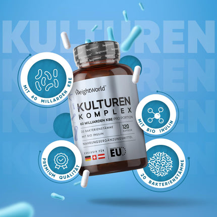 Culture Complex with 60 billion CFU - 20 bacterial strains and organic inulin - 120 vegan capsules - Bacterial cultures with Bifidobacterium, Lactobacillus Gasseri &amp; Reuteri - 2-month supply WeightWorld