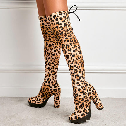 12CM/4.72IN Suede Fashion Sexy Nightclub Thick Heel High Heel Over The Knee Leopard Print Boots for Women,Brown,39 EU