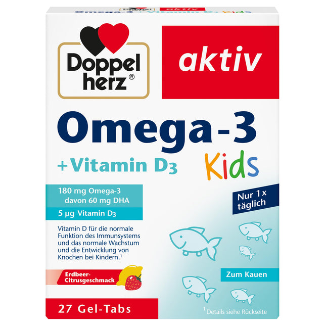 Doppelherz Omega-3 + D3 Kids - Vitamin D is needed for healthy growth and bone development in children - 27 Gel-Tabs