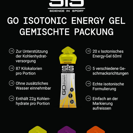 Science in Sport GO High Carb Isotonic Energy Gel 20 x 60ml Vegan - Isotonic formula with 22g carbohydrates, good energy source, optimal alternative to isotonic drinks