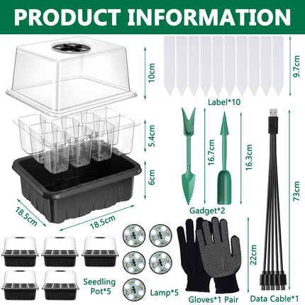 ZLPBAO Mini Greenhouse Propagation, 5 Pack Indoor Greenhouse Propagation Box with Light, Greenhouse Propagation Tray with High Lid, Full Spectrum Grow Lights, 10 Labels, 2 Tools, 1 Pair of Gloves
