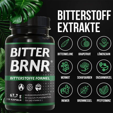 BRNR BITTER BRNR Bitter Formula and Metabolism Complex with Vitamin B2, Digestive Enzymes with Calcium, Alternative to Bitter Drops, 120 Capsules