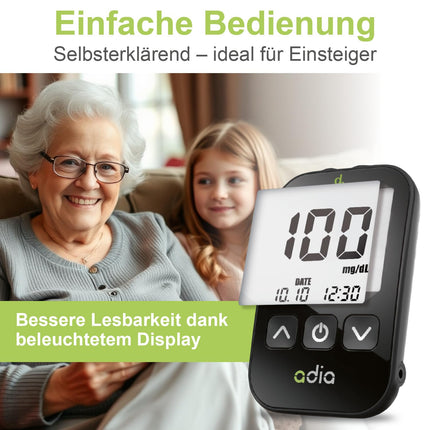 adia blood glucose meter (mg) with 60 blood glucose test strips, 10 lancets, 1 lancing device, 1 case, value set for blood glucose self-monitoring in diabetes