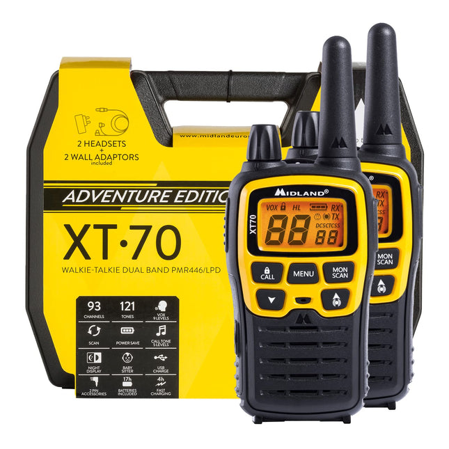 Midland XT70 Adventure PMR Walkie Talkie Case Set, 2x radios with up to 12 km range, with LCD display and micro-USB charging socket, for children and outdoor use