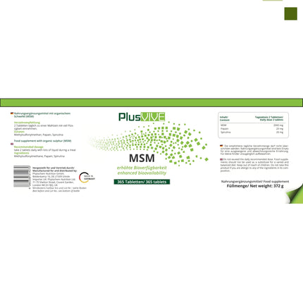 PlusVive MSM tablets high dose | 1 x 365 tablets | 1000mg MSM with 99.8% purity per tablet | MSM capsules with papain &amp; spirulina | Dietary supplement vegan &amp; laboratory-tested