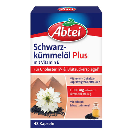 Abtei Black Cumin Oil Plus - with Vitamin E - Food Supplement for Cholesterol and Blood Sugar Levels - 1 x 48 Capsules