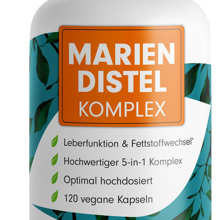 Milk Thistle Capsules High Dose 120x - 5-fold complex with milk thistle, artichoke, dandelion, desmodium &amp; choline - Liver function &amp; fat metabolism - 200 mg silymarin per day - 4-month supply
