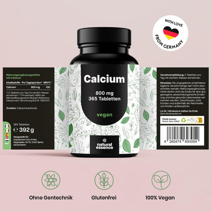 Calcium Tablets High Dose - 365 Tablets - 800mg Calcium per Day - Calcium Tablets High Dose - 180 Day Supply - Vegan and Produced in Germany