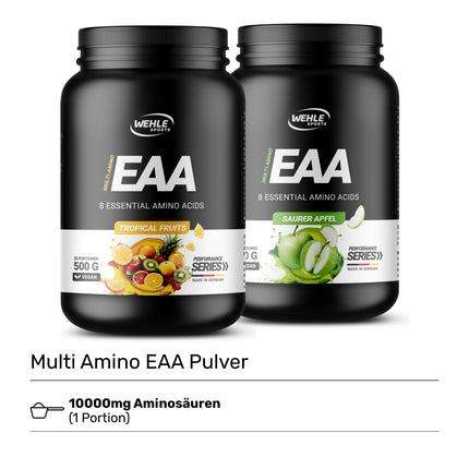 Wehle EAA Powder 500g, fine amino powder with 8 essential amino acids, Human Code Formula I Delicious taste &amp; top solubility - Vegan sugar, Amino Workout Drink (500g, Tropical Fruits)