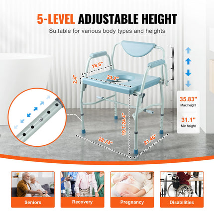 VEVOR Commode Chair Bedside Commode with Fold-Down Arms and Removable Backrest, 5-Level Height Adjustable 50-62 cm, Removable 7-Liter Bucket, Easy to Assemble, 453.6 kg Capacity