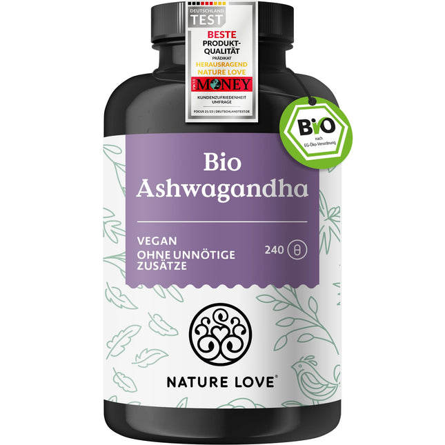 NATURE LOVE® Organic Ashwagandha - 240 Capsules - Highly concentrated with 1950 mg per daily dose - High-quality Indian Ashwagandha - Laboratory-tested, vegan, produced in Germany