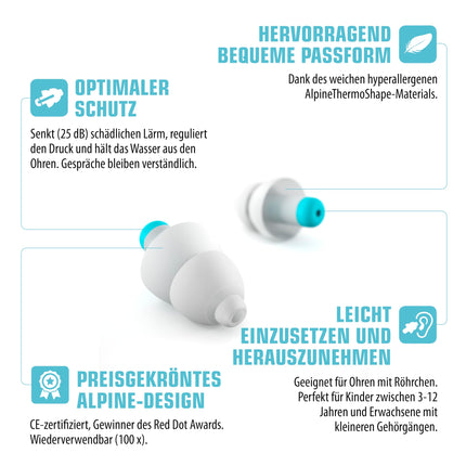 Alpine Pluggies Children's Earplugs - For children and small ear canals - For flying and swimming - Comfortable hypoallergenic material - Reusable hearing protection