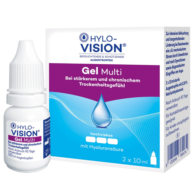 Hylo-Vision Gel Multi Eye Drops – Intensive moisturizing and long-lasting relief for irritated or sore eyes and severe dryness, highly viscous, suitable for contact lenses, 2 x 10 ml
