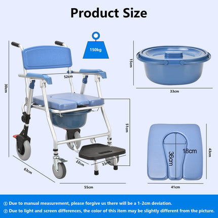 Toilet chair for seniors with wheels, multifunctional shower chair with wheels, foldable, blue shower toilet chair mobile with urine bucket, toilet wheelchair for the elderly and disabled comfort