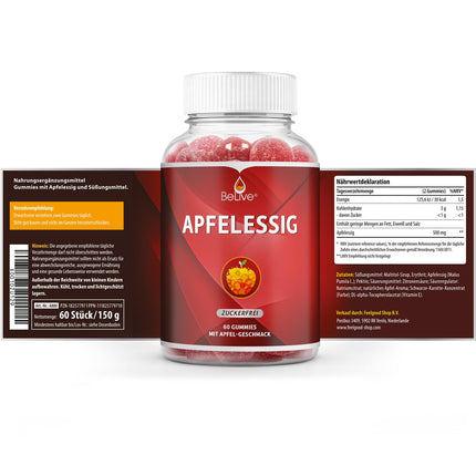 BeLive Apple Cider Vinegar Gummies - 60 pieces, sugar-free, support detoxification, cleansing, and digestion. Delicious, vegan, keto-friendly, non-GMO, and gluten-free.