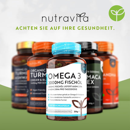 Omega 3 capsules high-dose 240-2000mg fish oil capsules with 660mg EPA &amp; 440mg DHA per serving - Omega 3 oil, pure fish oil from sustainable fisheries - Tested/Certified in Germany - Nutravita