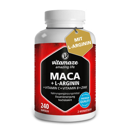 Maca capsules high-dose + L-Arginine + Vitamins + Zinc, 240 capsules, powder from the Maca root for 2 months, herbal food supplement without additives, Made in Germany