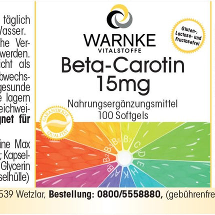 Beta Carotene 15mg - 100 Softgels for 100 days, Carotenoid, Provitamin A | Warnke Vitalstoffe - German Pharmacy Quality