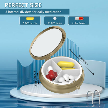 Pill Box Pill Box with Mirror Retro Small Pill Box for Purse or Pocket Bronze Pill Box or Vitamins, Fish Oil, Supplements, Pills Contain Travel Gifts (2 PCS)