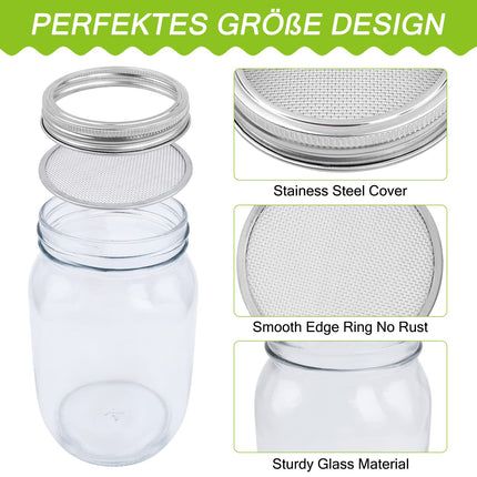 sorliva sprouting jar, set of 2, 1000 ml sprouting device with lid, stand and drip tray, seedling sprouter for sprout cultivation, sprouts, microgreens, alfalfa seeds, sprouting jar kit