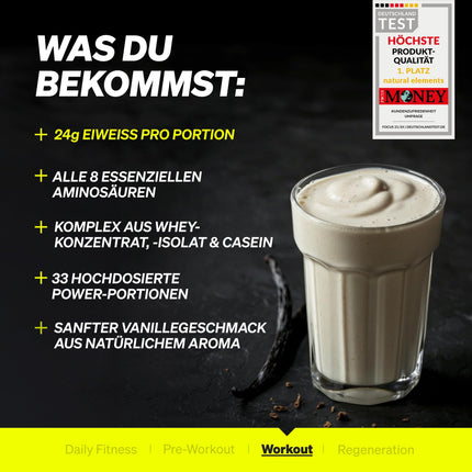 Whey Protein Powder – Vanilla – 1kg – 24g protein per serving – not too sweet, only natural flavors – high dosage – produced in Germany &amp; laboratory tested