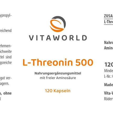 vitaworld L-Threonine 500 mg, essential amino acid, 120 capsules