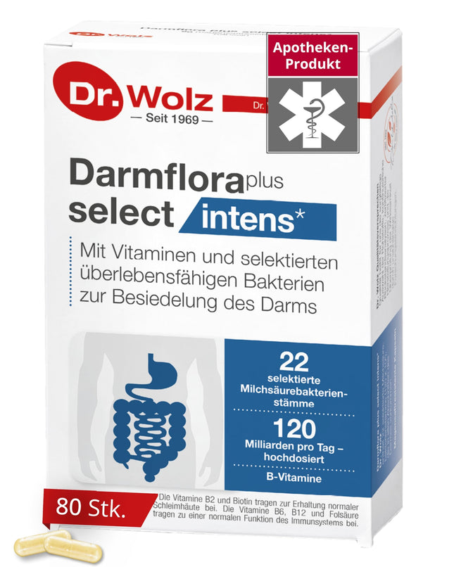Dr. Wolz Darmflora plus select intens - 80 high-dose capsules - 22 lactic acid bacteria strains - 120 billion bacterial cultures per day - For intestinal mucosa &amp; immune system* - Intestinal treatment