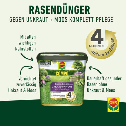 COMPO lawn fertilizer against weeds and moss - 9 kg for 300m² - 3 months long-term effect - COMPO lawn fertilizer against weeds + moss complete care