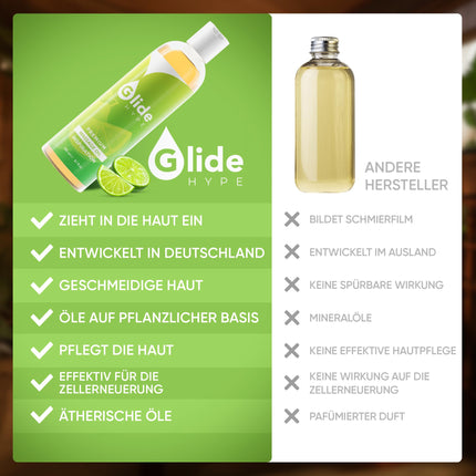 GlideHype PREMIUM Massage Oil INSPIRATION with lime scent | skin-caring lubricant for sensual massages and relaxation (150 ml)