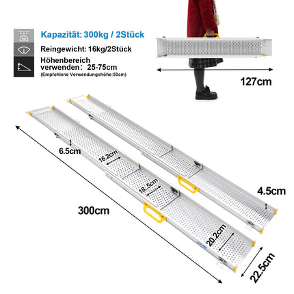 LIEKUMM 2 x 127-300 cm wheelchair ramp, 300 kg load capacity wheelchair ramp for stairs, steps, portable telescopic ramp for electric wheelchairs, bicycles, triple extendable