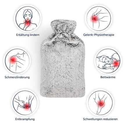 Blumtal Premium hot water bottle with soft faux fur cover 1.5l - hot water bottle made of natural rubber - hot water bottle girlfriend gift - hot water bag luxury - leak-proof hot water bottle gray