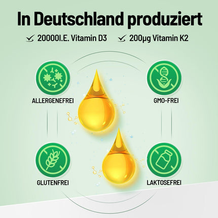 Vitamin D3 K2 high-dose drops - 20,000 IU + Vitamin K2 MK7 200 mcg per dose, Vegetarian, No additives, Produced in Germany
