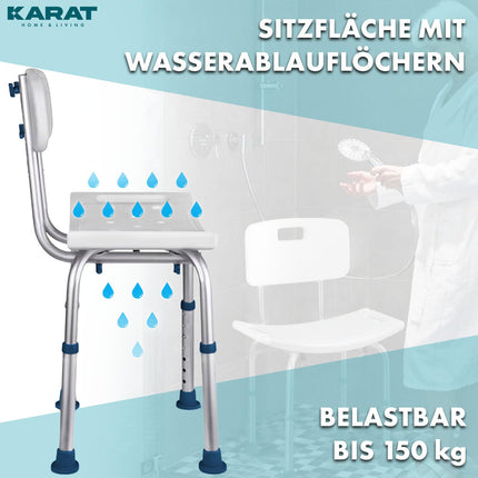 KARAT shower stool with removable backrest, shower chair for seniors, height adjustable 37-50cm, load capacity up to 150kg, non-slip and stable, shower seat, bath chair, bath stool Jonah