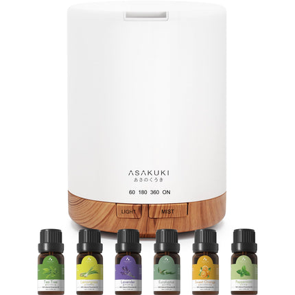 ASAKUKI 300ML Aroma Diffuser with 6 * 10ML Essential Oils Set, Essential Oil Diffuser, Ultrasonic Humidifier for Home Office, 15 Color LED with 4 Timer Settings