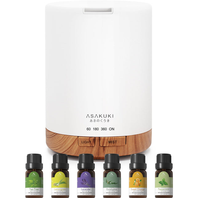 ASAKUKI 300ML Aroma Diffuser with 6 * 10ML Essential Oils Set, Essential Oil Diffuser, Ultrasonic Humidifier for Home Office, 15 Color LED with 4 Timer Settings