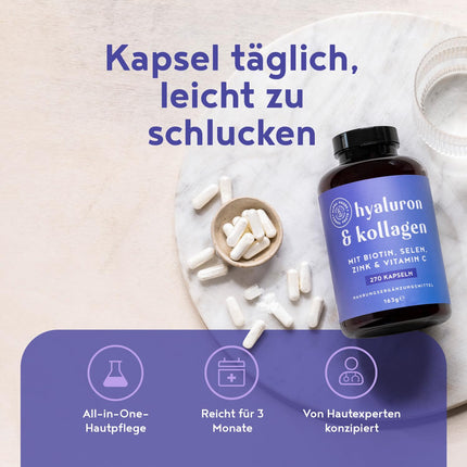 Hyaluron &amp; Collagen Complex | 270 Capsules | Highly dosed with hyaluronic acid, biotin, selenium, zinc, vitamin C &amp; bamboo extract | Hyaluron Collagen Complex | Skin, hair, nails | Alpha Foods