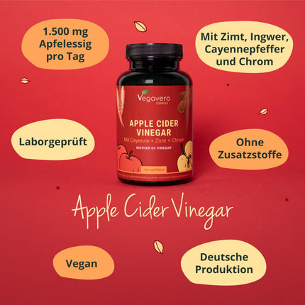 Apple Cider Vinegar Capsules | 1500 mg | Vinegar Complex + Cayenne Pepper + Ginger | Blood Sugar* &amp; Metabolism | Apple Cider Vinegar | Laboratory Tested &amp; Vegan | Vegavero®