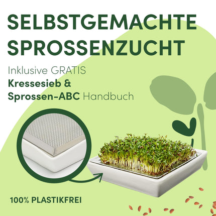 Green SEEDS® Cress Sieve Set of 2 [The Original] | Stainless steel sieve with high-quality ceramic bowl, sustainably packaged | Growing tray 14 x 14 cm + Sprouting ABC | Cress germination tray