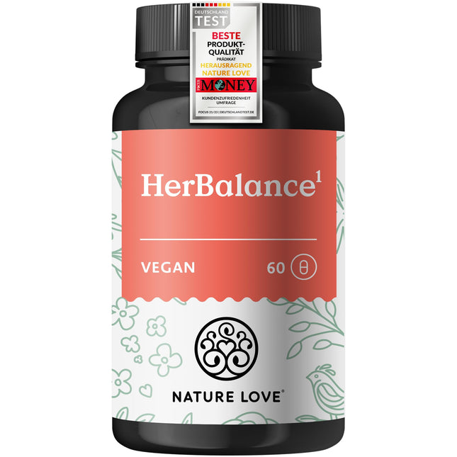 NATURE LOVE® HerBalance for Women - 60 Capsules - with chasteberry, magnesium, vitamin B6 for hormone balance, folic acid - vegan, high dosage, laboratory-tested