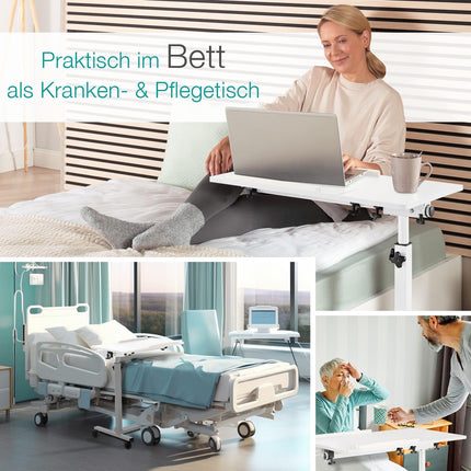 ELONEO maxVitalis mobile overbed table on casters, height-adjustable/width-adjustable standing table, tiltable/foldable tabletop, bedside table for hospital bed, nursing bed, laptop table (white)