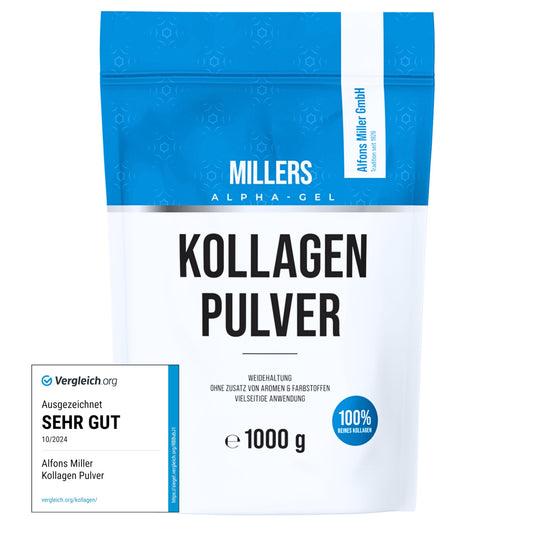 100% reines Kollagen Pulver – Kollagen Peptide – Collagen Protein – Millers Alpha-Gel 1000 g – Ohne Zusatzstoffe – Geschmacksneutral – Collagen Pulver in Deutschland hergestellt