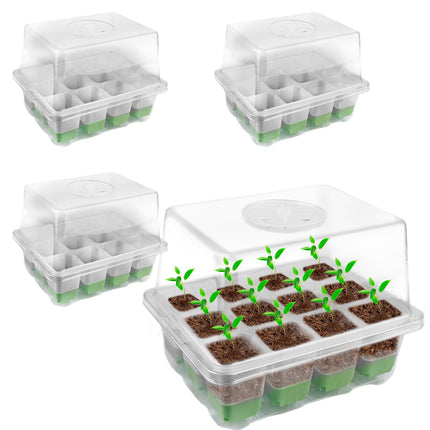 BYZESTY Indoor Greenhouse Propagator, 4 Pieces 48 Cells Mini Greenhouse Propagation Set with Raised Lid, Growing Plate Pot Plate, Seedling Starter Trays Greenhouse for Seedlings