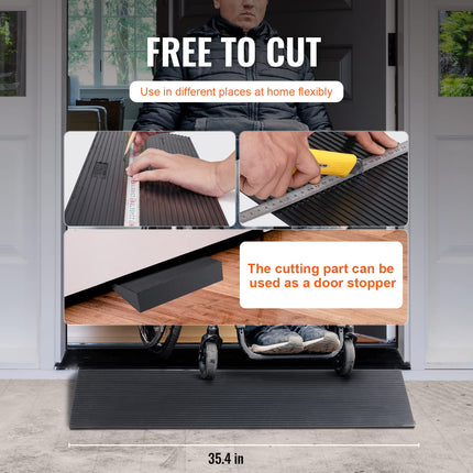 VEVOR Threshold Ramp Solid Rubber Door Threshold Ramp Max. Load Capacity up to 15T Curb Ramp 90x20x3cm Wheelchair Ramp with Double-Sided Adhesive Tape Access Ramp Rubber Ramp Self-Cutting