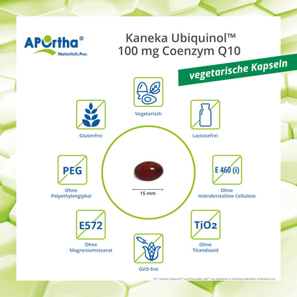 APOrtha Kaneka Ubiquinol Coenzyme Q10 100 mg 60 vegetarian capsules, CoQ10 capsules high dose 100 mg, high bioavailability due to bioactive ubiquinol, double patented raw material