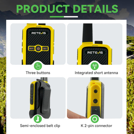 Retevis RT15 Walkie Talkie Adults, PMR446 Two-Way Radios, Hands-Free VOX, Mini, 1000 mAh Li-ion Battery, Walkie Talkie for Camping, School, Home Games, Vacation (Green and Yellow, 1 Pair)