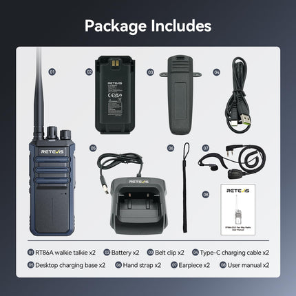 Retevis RT86A Long-Range Walkie-Talkies, Rugged Two-Way Radio with Microphone, Group Call, Easy Pairing, for the Construction Industry (2 Pack)